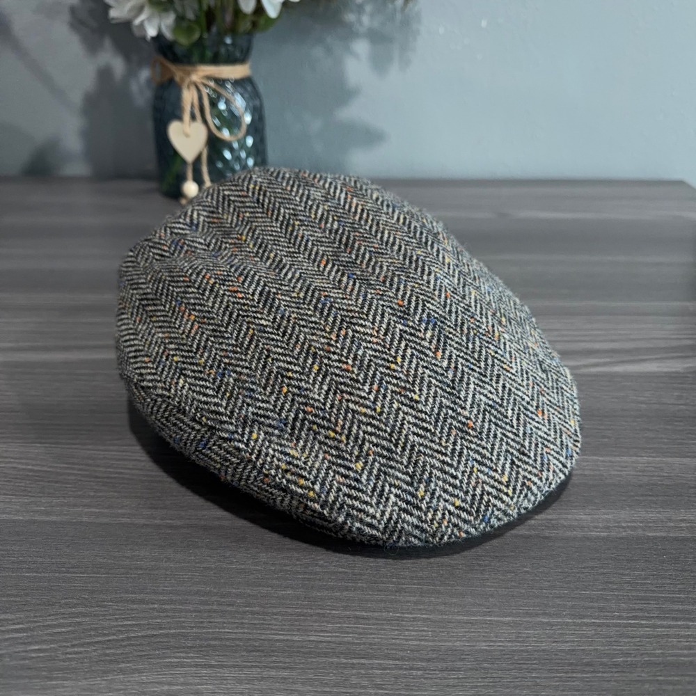Mucros Weavers Trinity Grey Herringbone Wool Tweed Flat Cap Hat‎ Mens Medium